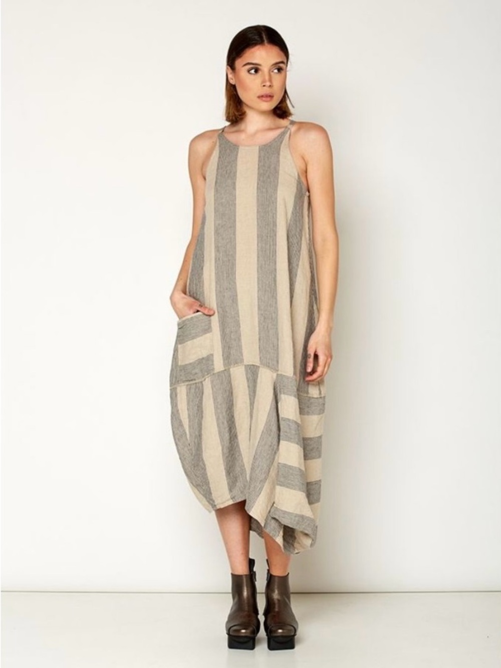 Lurdes Bergada | Linen Bubble Dress Large Lagenlook Striped Midi Pockets